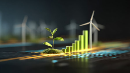 A small green plant emerges from the soil, symbolizing growth amidst a backdrop of wind turbines and graphical elements representing renewable energy and sustainability.の素材