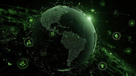 A captivating green globe surrounded by digital icons representing sustainable practices and environmental awareness, perfect for eco-friendly themes.の素材