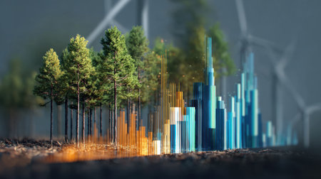 This image combines natural elements with digital graphics, showcasing a forest of trees alongside vibrant data visualizations that symbolize renewable energy and environmental growth.の素材