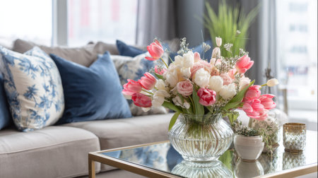 A beautiful floral arrangement featuring pink tulips and white roses brings life to a stylish living room setting with cozy sofas and decorative pillows.の素材