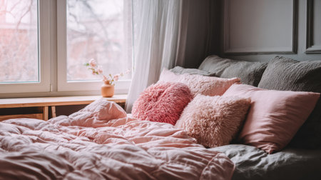 A cozy bedroom scene featuring soft pink pillows and warm bedding, illuminated by natural light filtering through a large window, creating a serene atmosphere.の素材