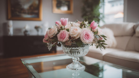 This exquisite floral arrangement features pink and white roses elegantly displayed in a crystal vase on a glass table, perfect for any home decor.の素材
