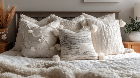 A stylish arrangement of cozy white decorative pillows on a bed, enhancing a modern and minimalist interior design, creating a tranquil atmosphere.の素材
