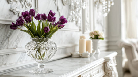 A sophisticated arrangement of purple tulips in a crystal vase elegantly placed on a marble console table, enhancing the light and airy interior design.の素材