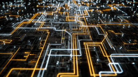 This image features a captivating futuristic circuit board design with glowing lines and lights against a dark background, perfect for technology themes.の素材