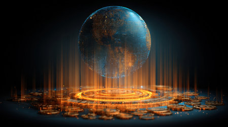 This captivating image features a futuristic digital globe surrounded by glowing circular patterns, set against a dark backdrop. The artwork symbolizes advanced technology and data visualization.の素材