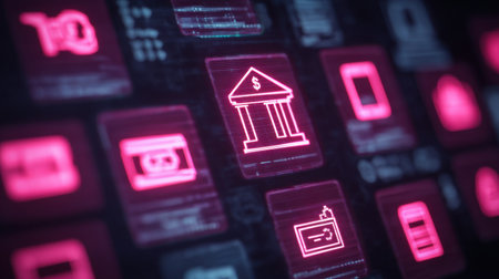 Close-up view of a digital banking interface featuring neon icons that represent various financial transactions and services in a futuristic design.の素材