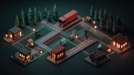 This isometric design showcases a modern town layout featuring roads, vehicles, and buildings illuminated at night. The scene includes streetlights and trees.の素材