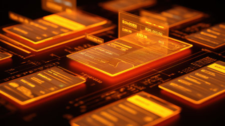 This dynamic image showcases a futuristic interface composed of glowing digital screens that present various data and analytics metrics in a vibrant orange hue.の素材