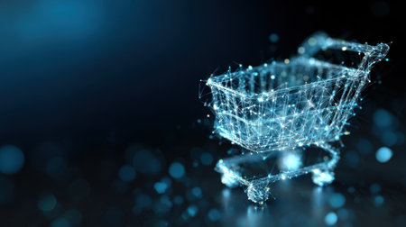 A stunning digital illustration of a shopping cart created from a mesh of luminous particles against an abstract background, perfect for e-commerce concepts.の素材