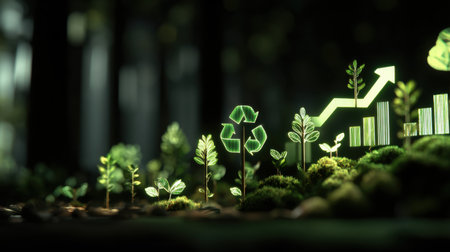 A creative representation of green growth featuring fresh plants, a recycling symbol, and upward graphs, illustrating the harmony between nature and technology.の素材
