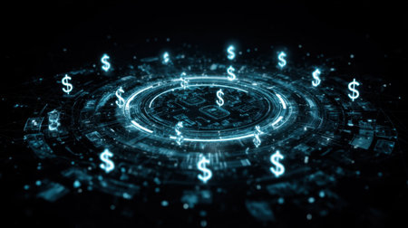 This captivating image features a futuristic representation of digital currency exchange, highlighted by glowing dollar symbols amidst a high-tech backdrop.の素材