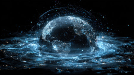 Stunning 3D illustration of Earth with digital connections and radiant light effects, depicting a futuristic landscape of global technology and data interaction.の素材