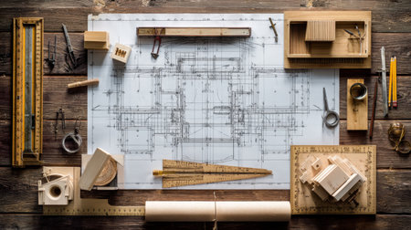 A detailed layout of a blueprint for architectural design surrounded by drafting tools on a rustic wooden surface, showcasing creativity and precision.の素材