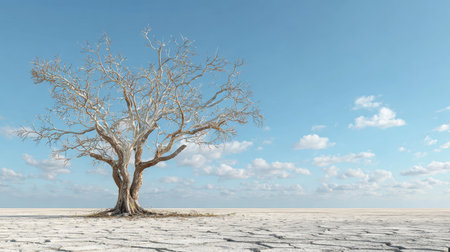A solitary dry tree stands against a vast open sky, embodying the themes of resilience and isolation in an arid landscape, perfect for nature photography.の素材