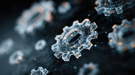 This image features a stunning abstract view of digital gears surrounded by a dark, futuristic background, symbolizing technology and connectivity.の素材