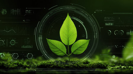 A vibrant green leaf symbolizes growth and vitality, surrounded by futuristic technology and data visualizations, highlighting sustainable practices and environmental innovation.の素材