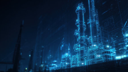 This image features a futuristic industrial cityscape illuminated by a digital overlay. The blue and black tones highlight advanced technology, emphasizing the concept of innovation.の素材