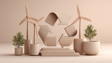 This minimalist illustration features wind turbines, a recycle symbol, and potted plants, representing sustainable energy and environmental conservation efforts.の素材