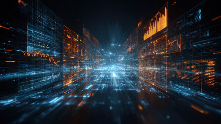 Explore a vibrant digital landscape showcasing dynamic data visualization with glowing lines and graphs, representing speed and innovation in technology.の素材