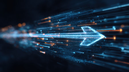 This mesmerizing image features a glowing arrow made of light particles, illustrating speed and direction against a dark backdrop. Perfect for technology and motion themes.の素材