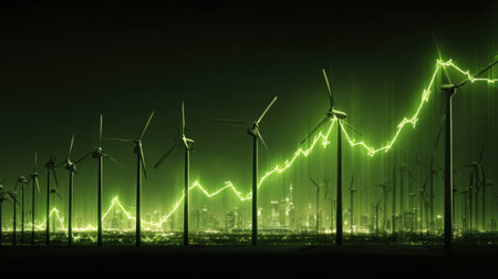 This striking image showcases wind turbines silhouetted against a glowing green skyline, symbolizing the rise of renewable energy in urban environments.の素材