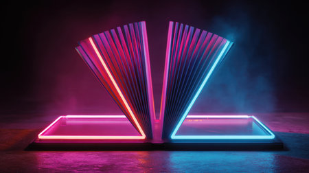 An open book illuminated by vibrant neon lights in a dark environment. The glowing pages create a captivating ambiance, enhancing creativity and imagination.の素材