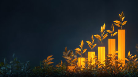 A visually striking representation of growth, featuring rising bar graphs adorned with vibrant green leaves. This image symbolizes the intersection of nature and business success, making it ideal for environmental and finance themes.の素材