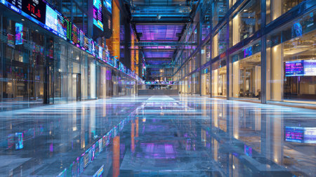A stunning urban shopping mall features sleek architecture with neon lighting reflecting on a polished floor, creating a vibrant atmosphere and inviting experience.の素材