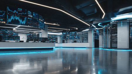 This image showcases a modern financial trading floor featuring high-tech screens and neon accents. The sleek design and advanced technology highlight the dynamic environment of trading and investment, ideal for finance-related themes and presentations.の素材