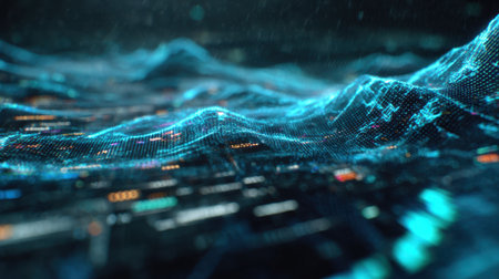 An abstract digital landscape showcases flowing waves of data and glowing particles, representing the intersection of technology and information in a captivating way.の素材