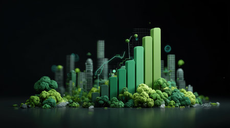 Engaging visualization of green growth metrics featuring bar charts amid lush greenery and abstract urban elements against a dark background.の素材