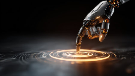 A close-up of a metallic robotic hand reaching toward a glowing circular pattern, symbolizing the union of technology and human interaction in a dark setting.の素材