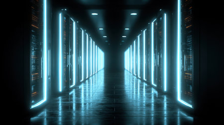 A captivating view of a futuristic data center corridor featuring illuminated server racks and neon lighting, showcasing advanced technology and innovation.の素材