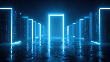 A striking view of a futuristic data center illuminated with vibrant blue neon lights, reflecting on a wet floor, creating an immersive, high-tech atmosphere.の素材