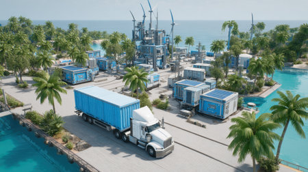 A modern shipping logistics facility is set in a tropical paradise, featuring wind turbines, solar panels, blue containers, and palm trees, highlighting sustainability.の素材