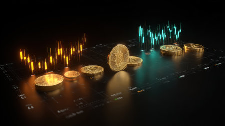 This stock photo showcases shiny golden cryptocurrency coins on a dark background, accompanied by dynamic graphs and charts showcasing market trends and financial insights.の素材