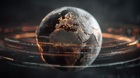This captivating 3D visualization of Earth features glowing lines and digital effects that symbolize global connectivity and technology advances.の素材