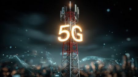 This striking image showcases a futuristic 5G communication tower illuminated in a bustling urban landscape, symbolizing technological advances.の素材