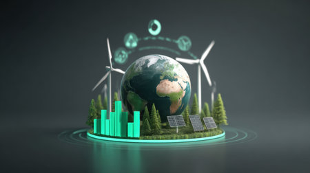 A captivating illustration depicting the concept of sustainable energy with a rotating Earth, wind turbines, solar panels, and lush green trees, symbolizing harmony between technology and nature.の素材