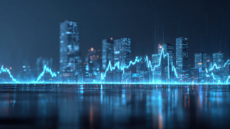 A captivating view of a modern city skyline at night, featuring glowing buildings and dynamic stock market data visualization, illustrating financial trends.の素材