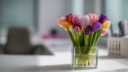 A stunning arrangement of colorful tulips in a clear glass vase adds a touch of elegance and cheer to a modern office space, enhancing the atmosphere.の素材