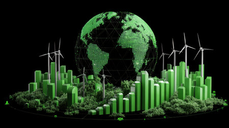 This image illustrates the fusion of technology and nature, showcasing a futuristic city with wind turbines, greenery, and growth metrics, promoting sustainability.の素材