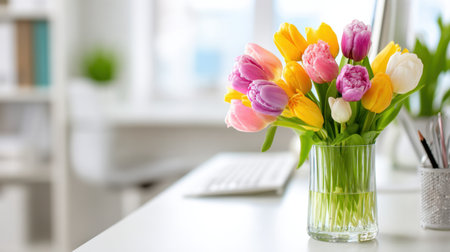 A stunning bouquet of tulips in vibrant pink, yellow, and white shades sits elegantly in a glass vase on a modern white desk, enhancing the office ambiance.の素材