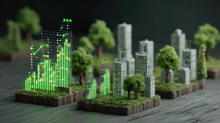 A miniature city model showcasing sustainable architecture, greenery, and financial growth charts, illustrating the synergy between technology and the environment.の素材
