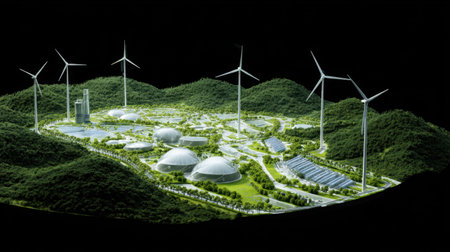 A stunning depiction of a modern sustainable energy landscape, showcasing wind turbines, green spaces, and eco-friendly designs, emphasizing environmental stewardship.の素材
