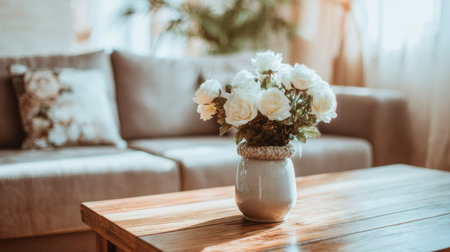 A bright and inviting living room featuring a delicate floral arrangement in a simple vase on a wooden table, bathed in warm natural light.の素材
