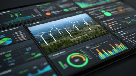 Modern data dashboard showcasing charts and graphs for renewable energy analysis with wind turbines in a scenic landscape, emphasizing sustainability.の素材
