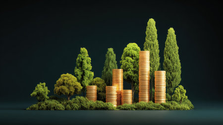 An artistic depiction of the relationship between finance and nature, featuring gold coins combining with lush greenery, symbolizing sustainable investment and growth.の素材