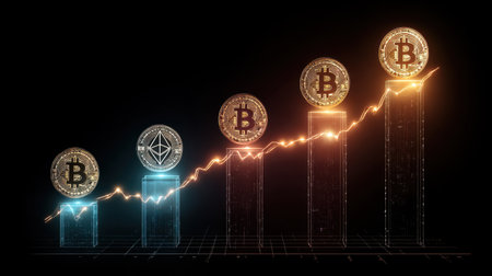 A vibrant illustration of cryptocurrency growth showcasing bitcoin and ethereum with a dynamic market trend line, symbolizing financial investment success.の素材